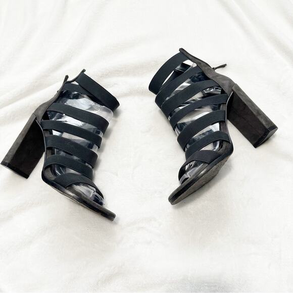 Stuart Weitzman Black and gray suede mummy block Heels open toe size 5 - Picture 1 of 10